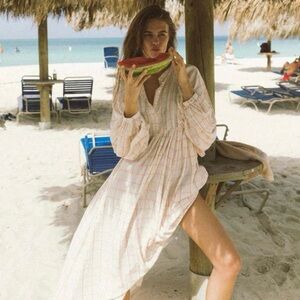 Kinga Csilla Dress Womens 4 White Check Maxi Long Sleeve Boho Cotton Sundress